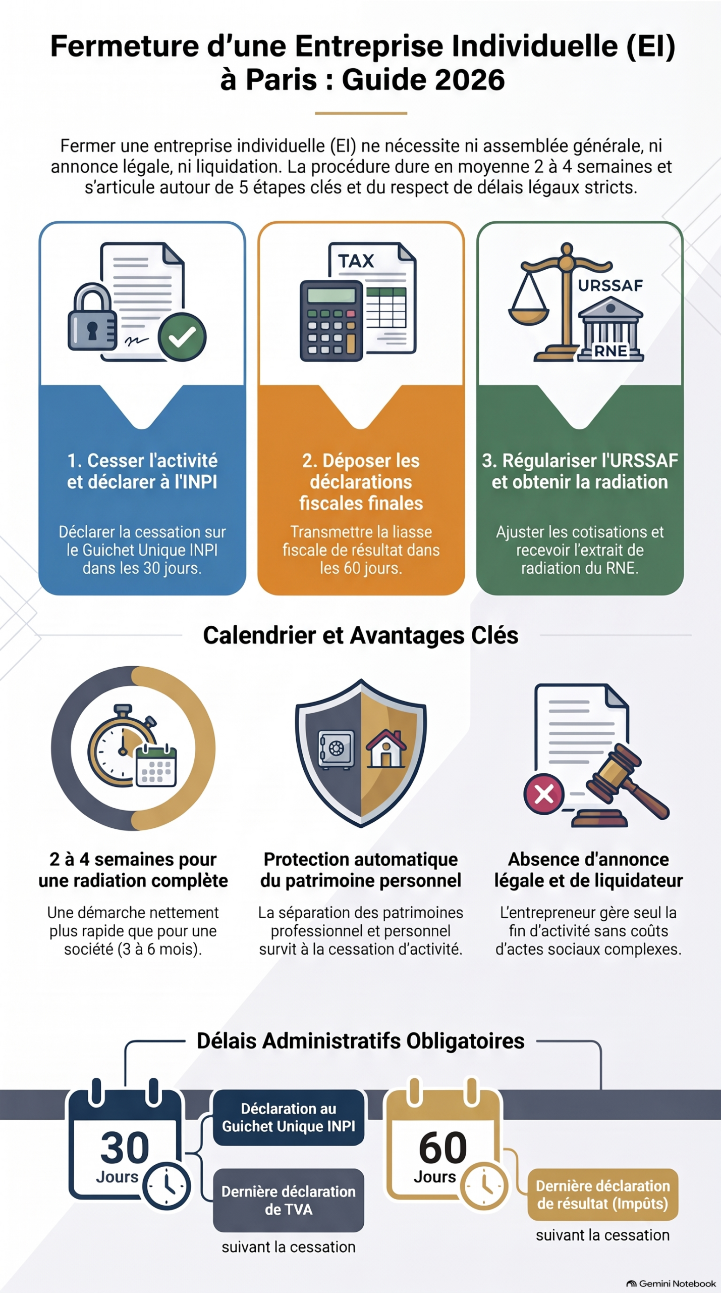 Infographie détaillant les étapes, avantages et délais administratifs pour fermer une entreprise individuelle en 2026.