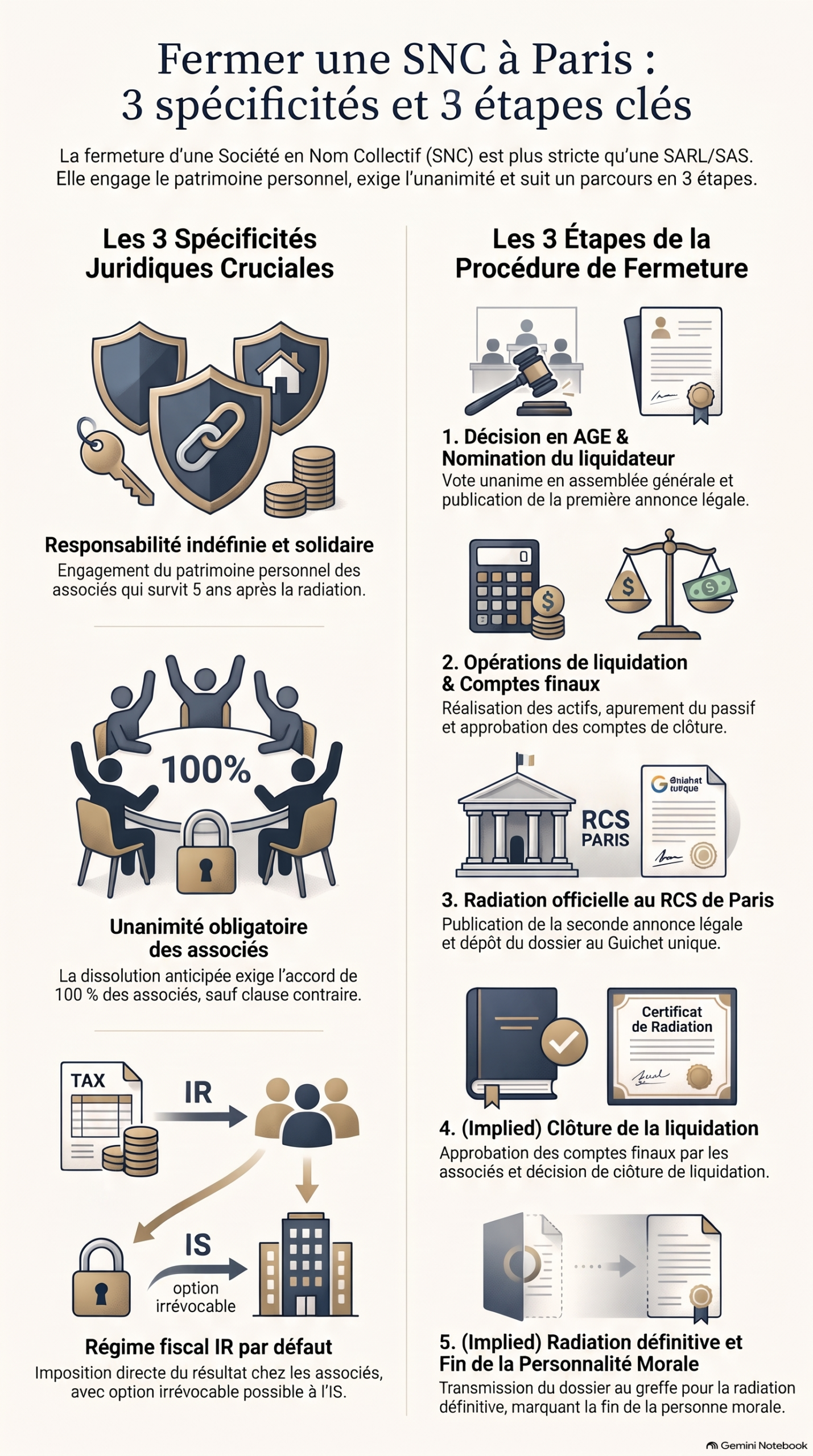 Infographie détaillant les spécificités juridiques et les étapes de la fermeture d'une SNC à Paris.